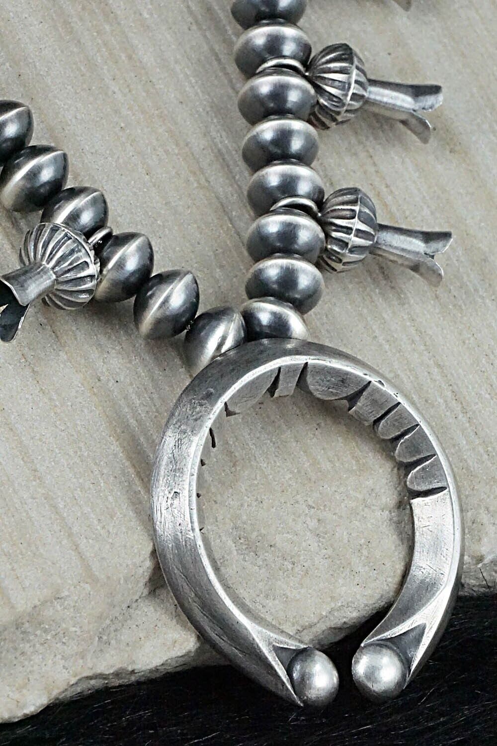 Sterling Silver Navajo Pearl Squash Blossom Necklace - Presley Haley