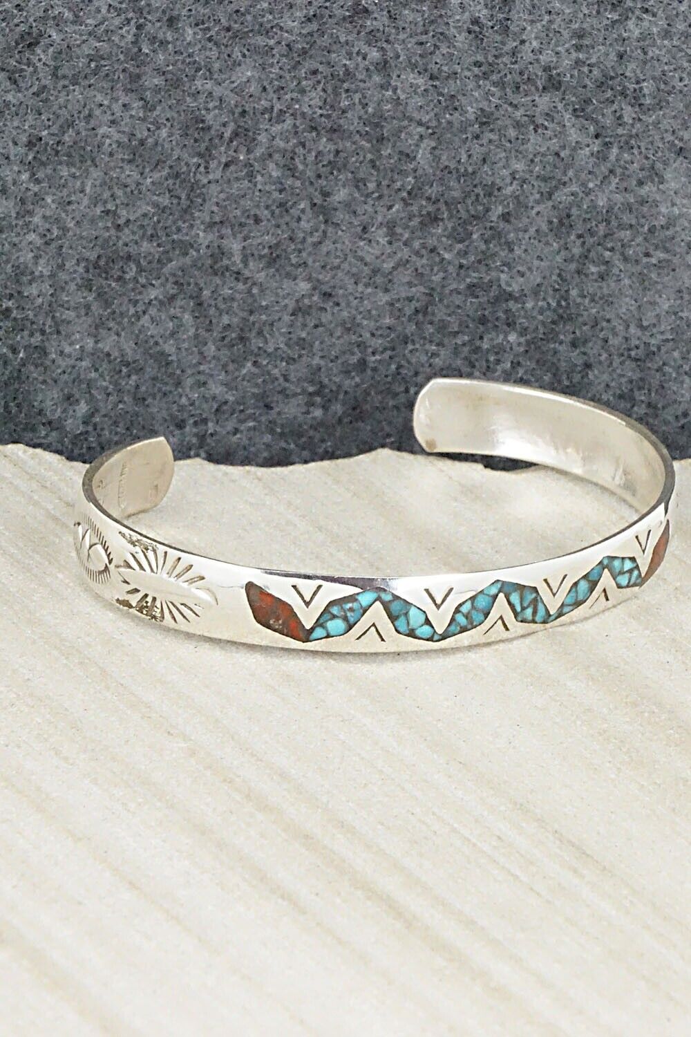 Turquoise, Coral Chip Inlay & Sterling Silver Bracelet - Jolene Yazzie