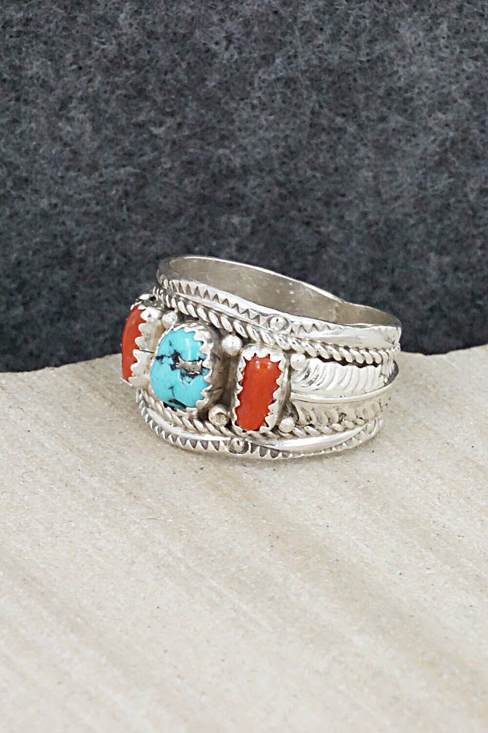 Turquoise, Coral and Sterling Silver Ring - Betty Begay - Size 9.5