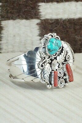 Turquoise, Coral & Sterling Silver Bracelet - Shirley Largo