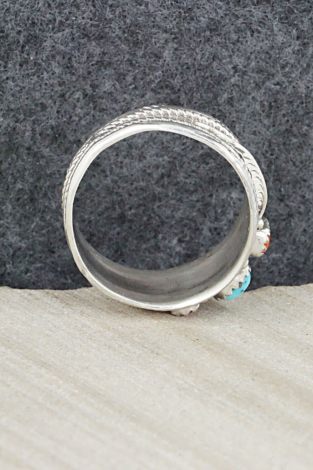 Turquoise, Coral and Sterling Silver Ring - Betty Begay - Size 13.5