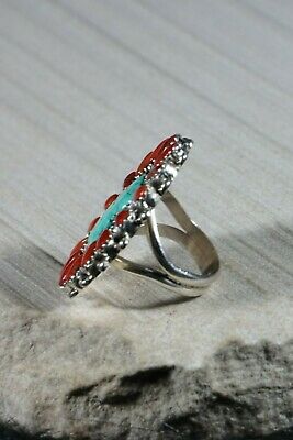 Navajo Turquoise Coral and Sterling Silver Ring Eric and Justina Wilson - Size 7 - High Lonesome Trading