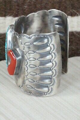 Navajo Turquoise, Coral & Sterling Silver Bracelet - Raymond Delgarito