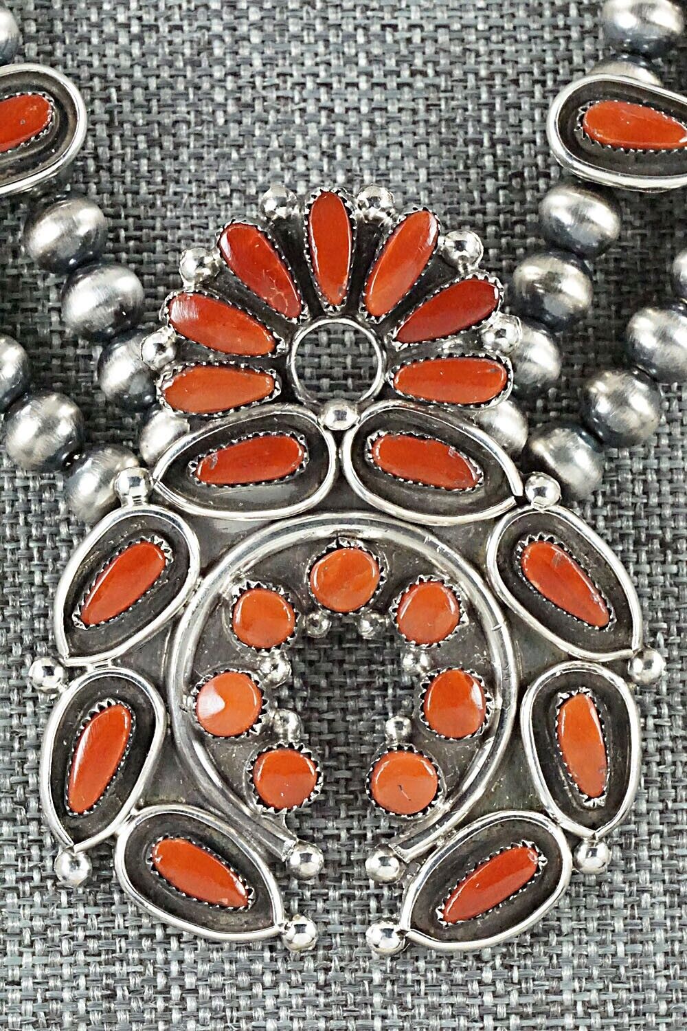 Coral & Sterling Silver Squash Blossom Set - Viola Bobelu