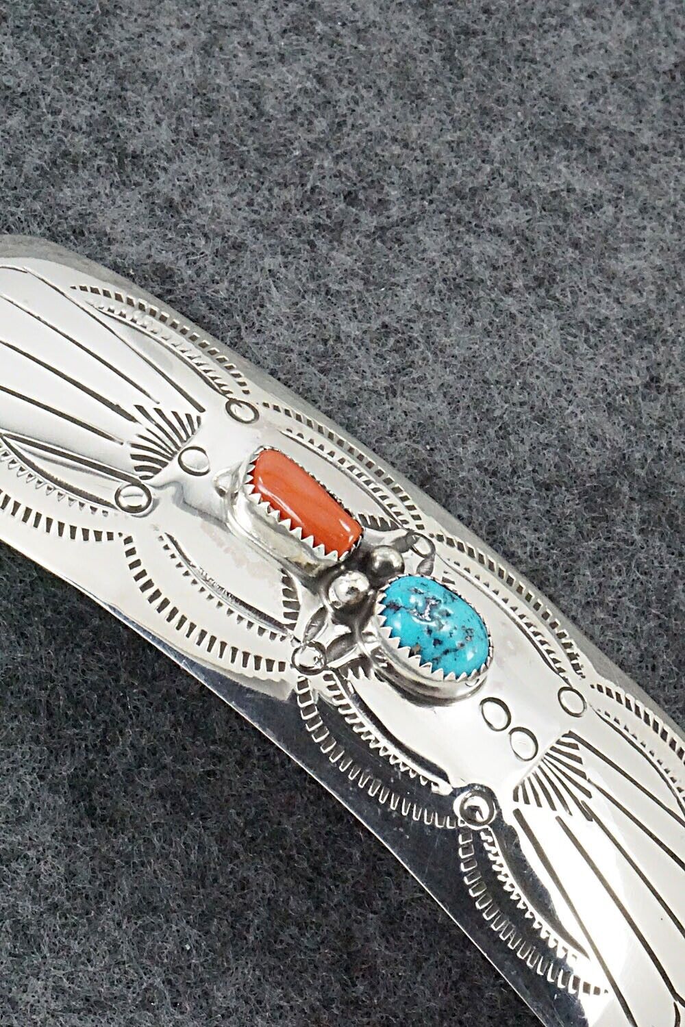 Turquoise, Coral & Sterling Silver Hair Barrette - Joann Silver