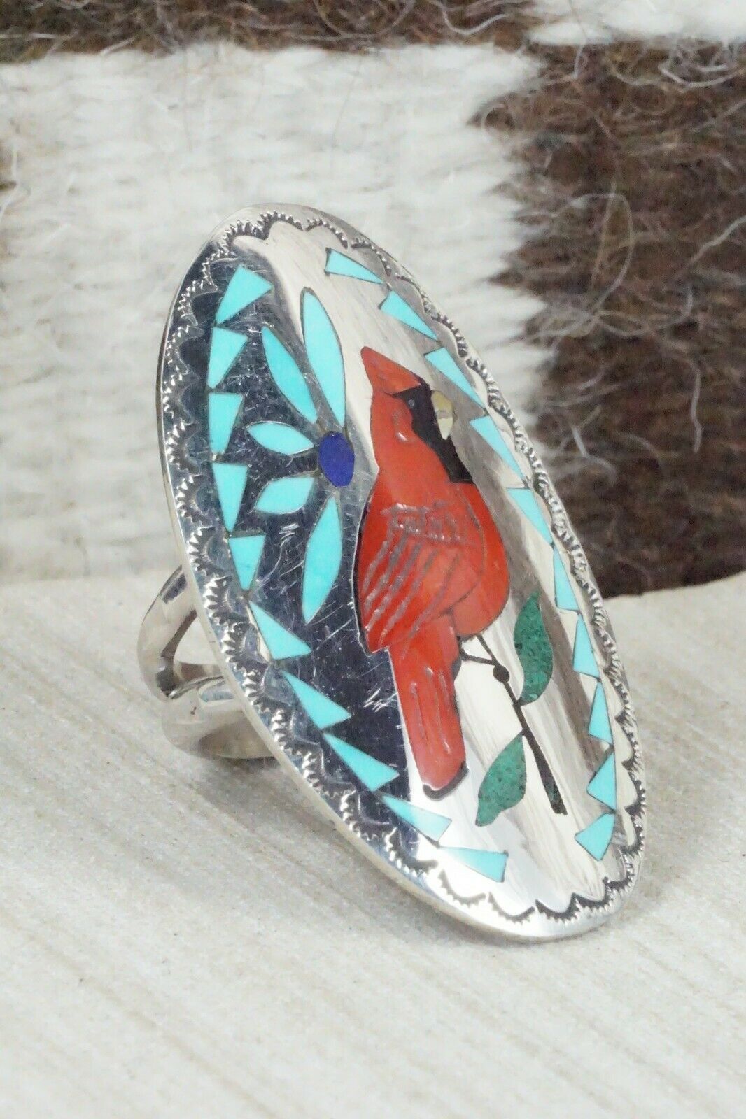 Inlay Coral & Sterling Silver Ring - Quintin Quam - Size 7.5