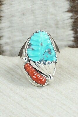 Turquoise, Coral & Sterling Silver Ring - Lyolita Tsattie - Size 7