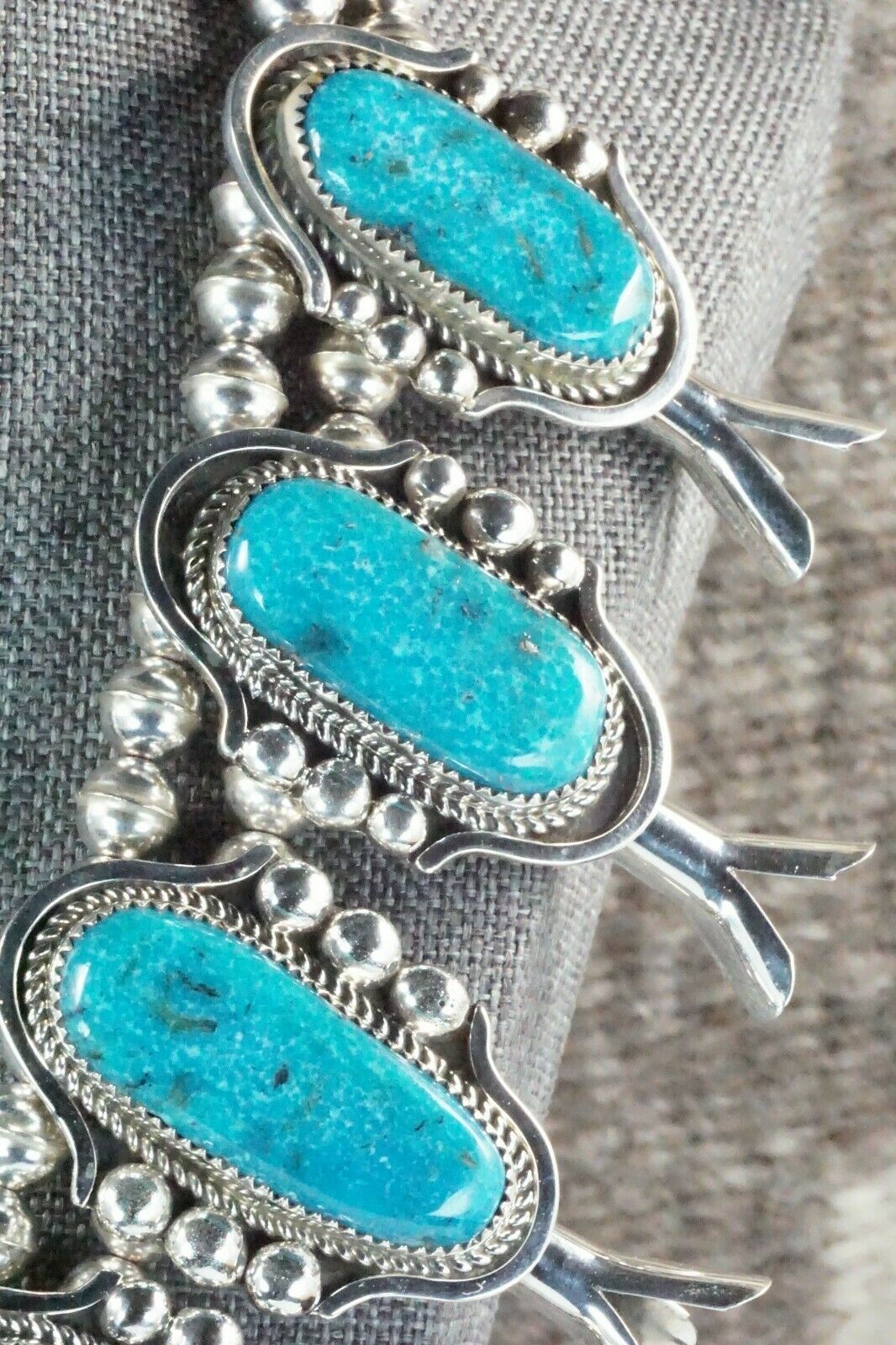 Turquoise & Sterling Silver Squash Blossom Necklace and Earrings - Leslie Nez