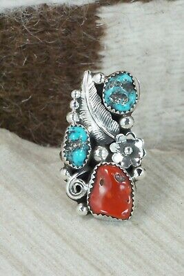 Turquoise, Coral & Sterling Silver Ring - Shirley Largo - Size 9