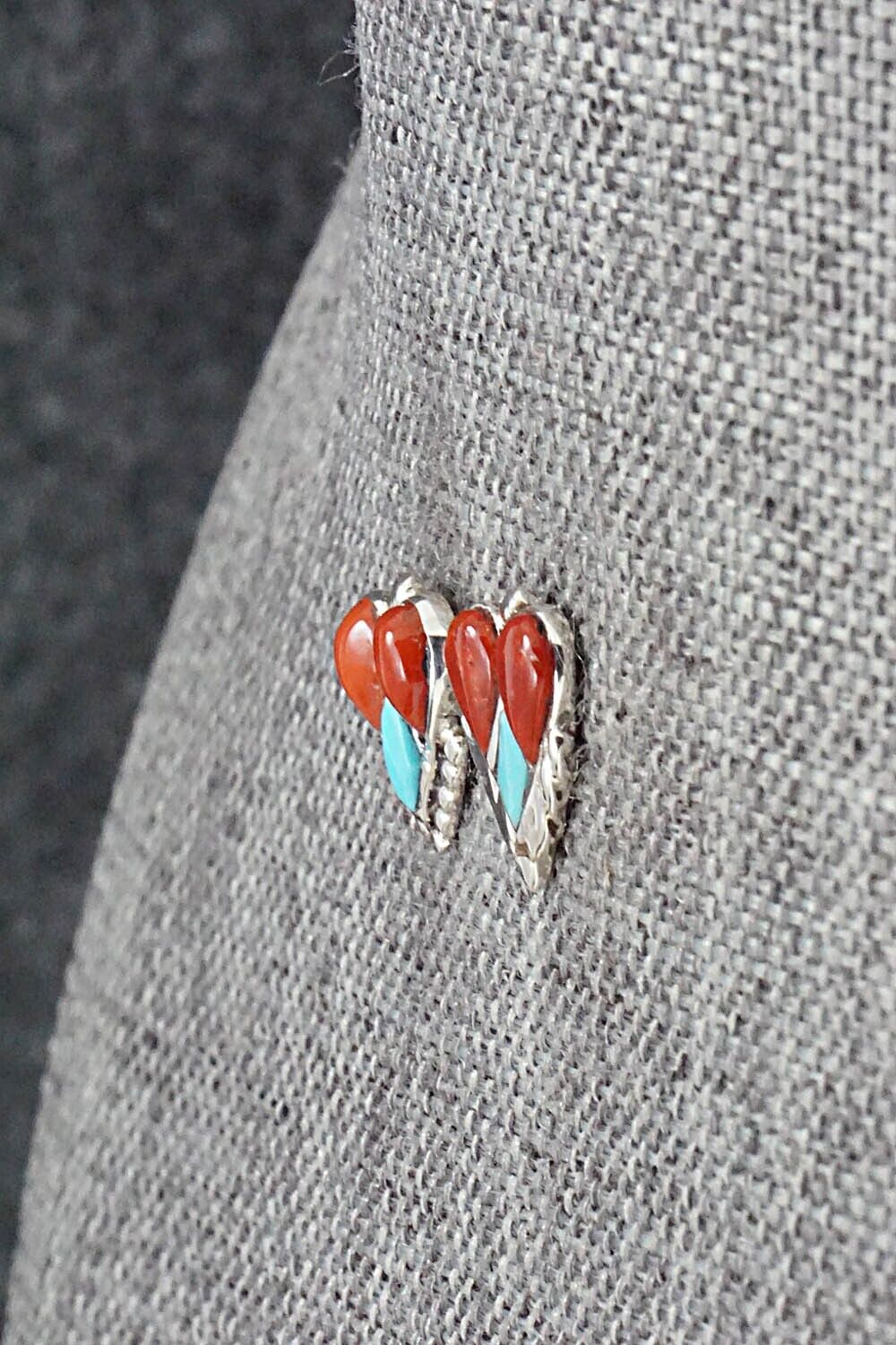 Turquoise, Coral & Sterling Silver Earrings - Vincent Hooee