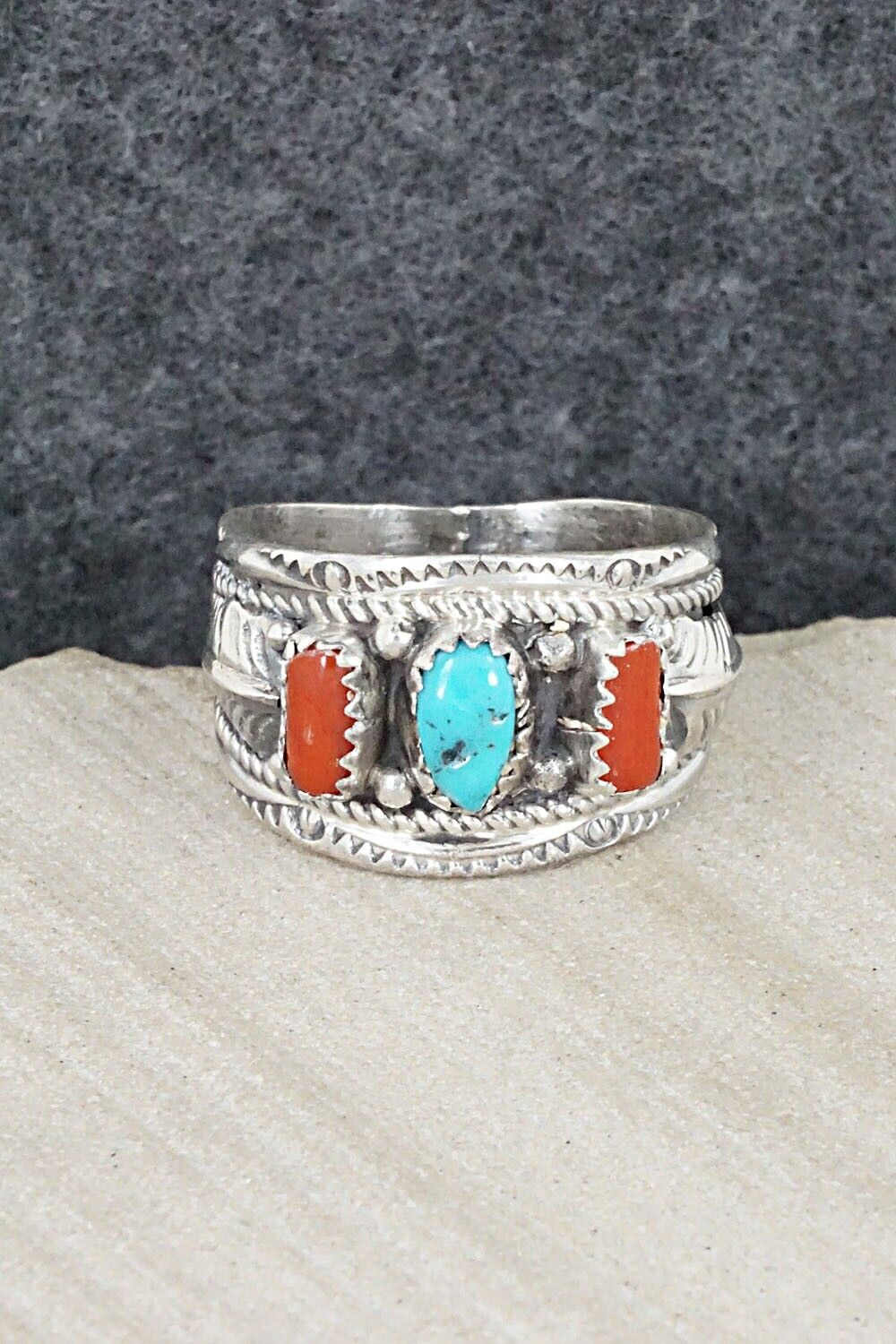 Turquoise, Coral and Sterling Silver Ring - Betty Begay - Size 10.5