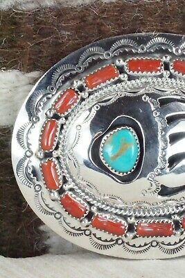 Turquoise, Coral & Sterling Silver Belt Buckle - Wilbert Muskett Sr.
