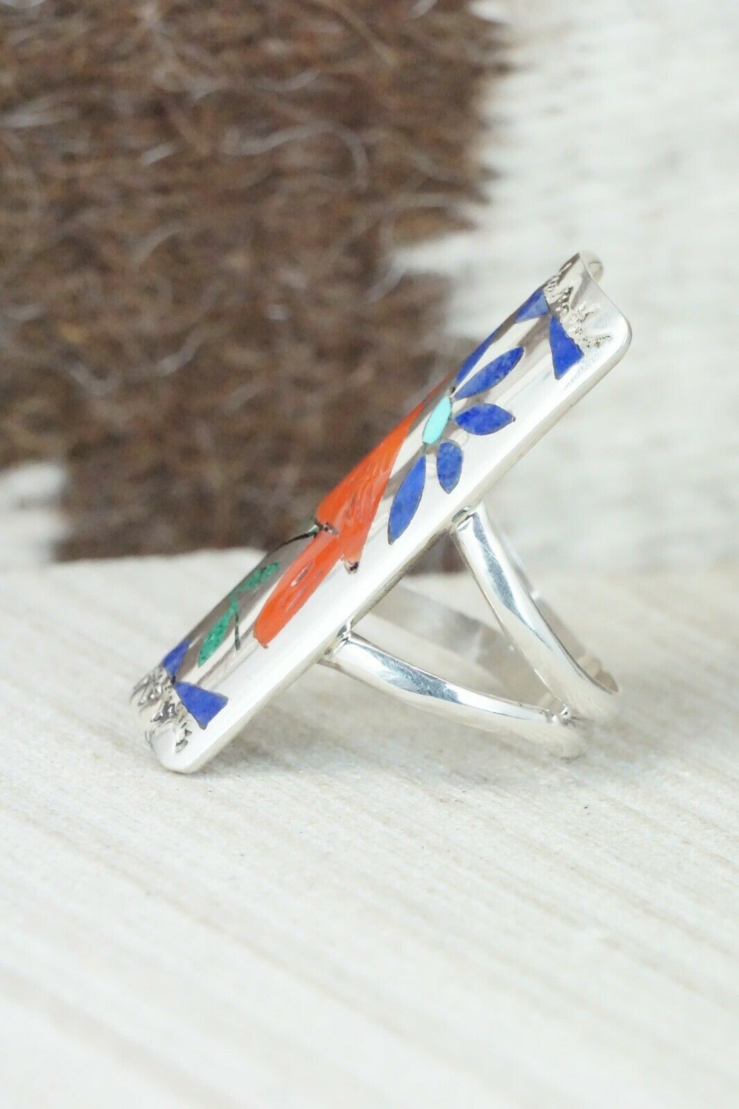 Multi Stone Inlay & Sterling Silver Ring - Quintin Quam Sr - Size 6.75