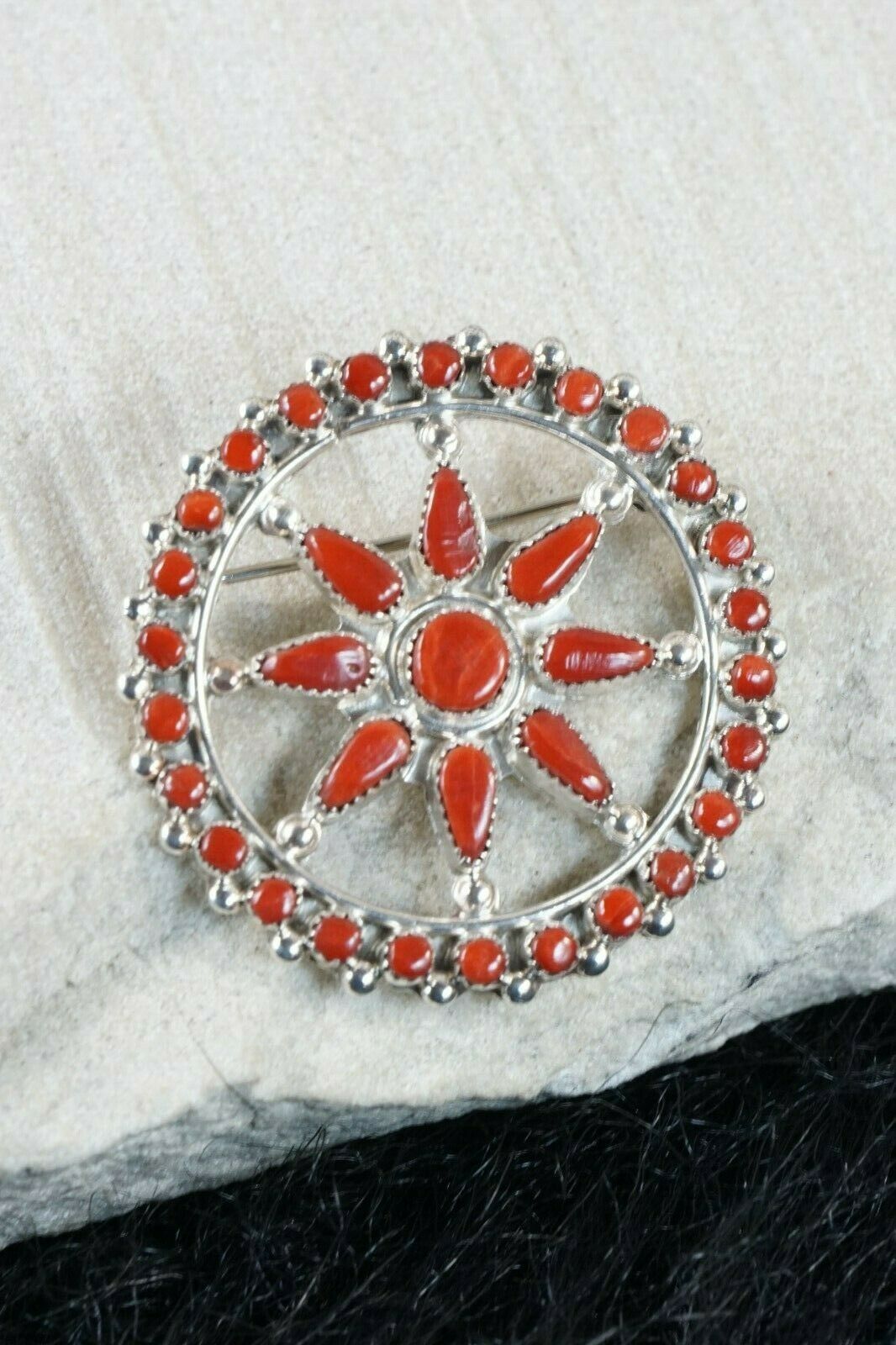 Zuni Coral & Sterling Silver Pendant / Pin - Rena Tsatie - High Lonesome Trading