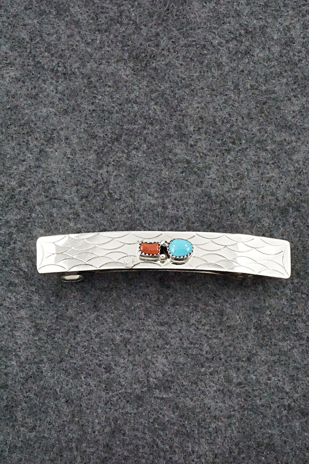 Turquoise, Coral & Sterling Silver Hair Barrette - Sally Arviso