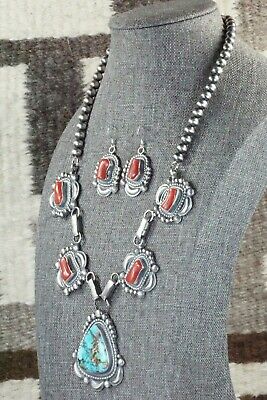 Turquoise, Coral & Sterling Silver Necklace and Earrings - Tom Lewis