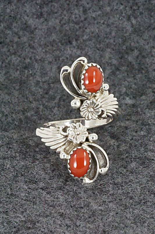 Coral and Sterling Silver Ring - Etta Belin - Size 7
