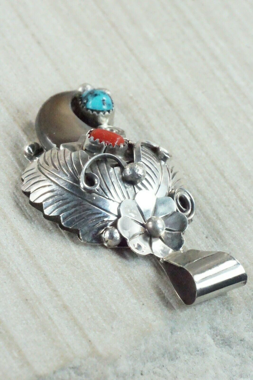 Turquoise, Coral & Sterling Silver Pendant - Jerry Thompson