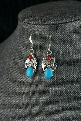 Navajo Turquoise and Coral Sterling Silver Earrings - Roberta Begay - High Lonesome Trading