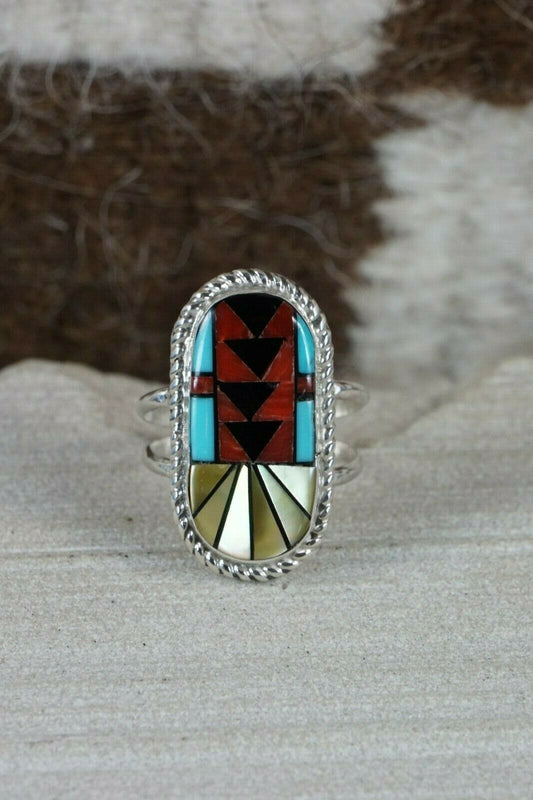 Zuni Inlay Multi- Stone and Sterling Silver Ring - Ola Eriacho - Size 6.25 - High Lonesome Trading