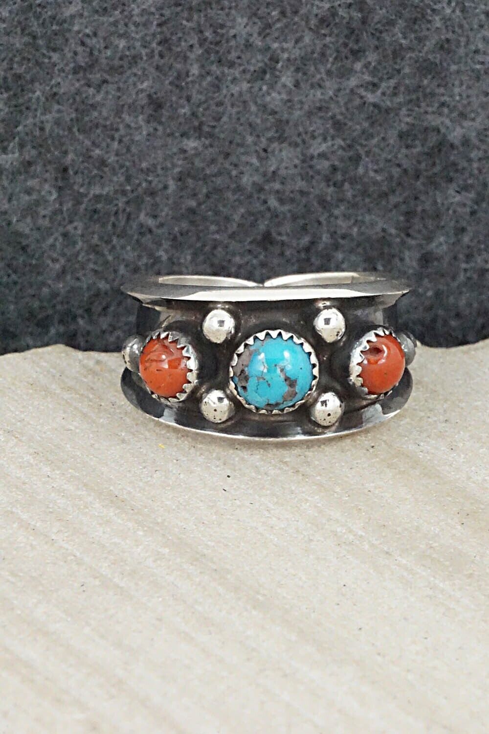 Turquoise, Coral & Sterling Silver Ring - Paul Largo - Size 9.5