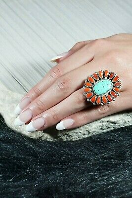 Navajo Turquoise Coral and Sterling Silver Ring Eric and Justina Wilson - Size 7 - High Lonesome Trading