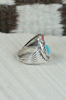 Navajo Turquoise, Coral & Sterling Silver Ring - Jeanette Saunders - Size 8.5