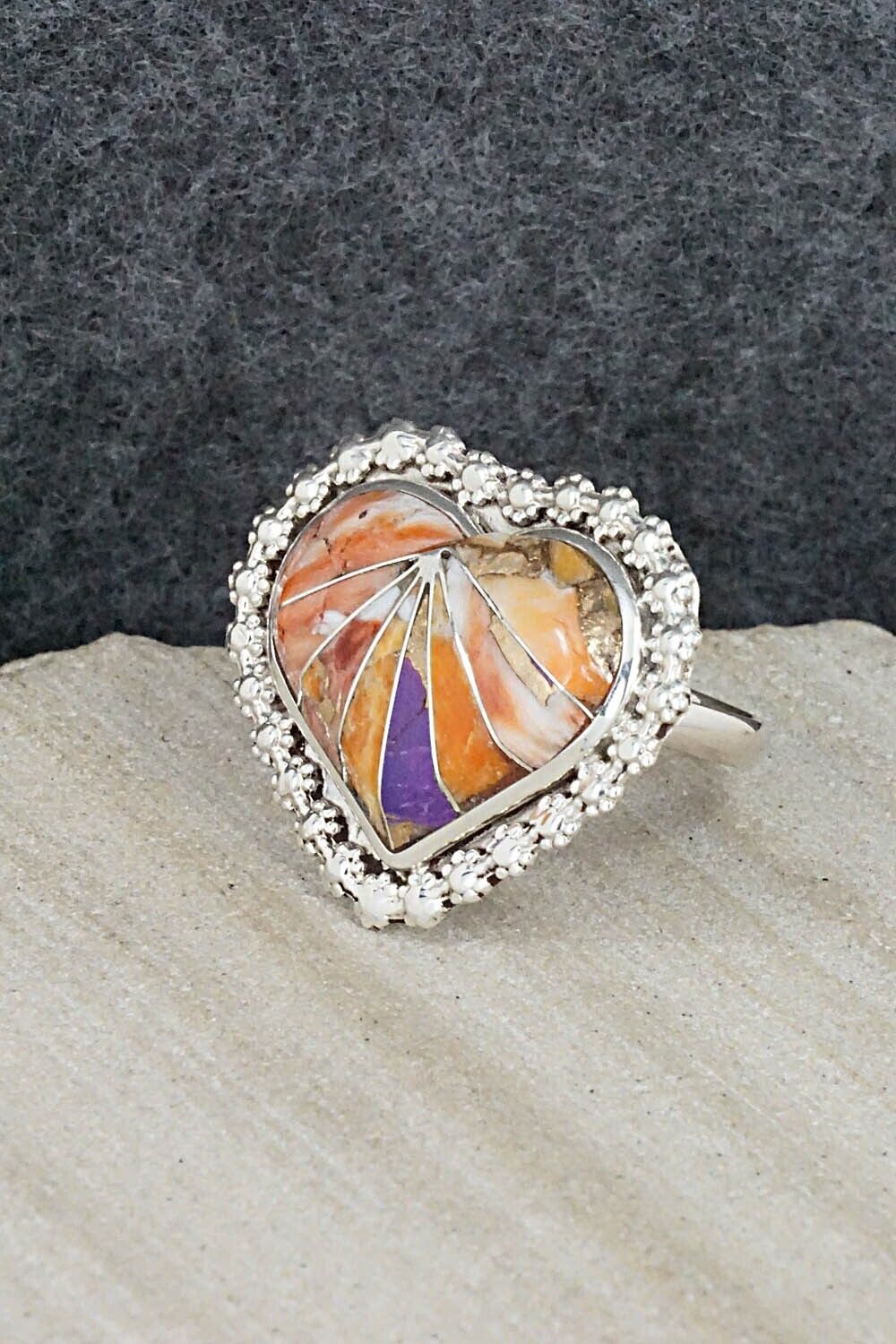 Spiny Oyster, Turquoise & Sterling Silver Inlay Ring - Evelyn Makee - Size 8