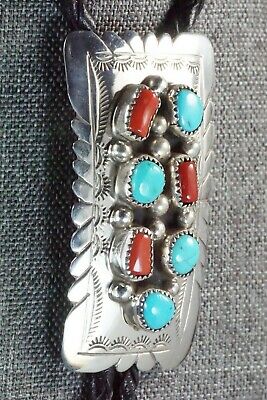 Turquoise, Coral & Sterling Silver Bolo Tie - Wilbert Muskett Sr.