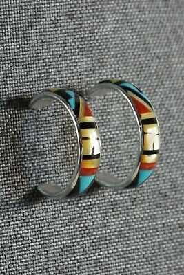 Zuni Multi Stone Inlay & Sterling Silver Hoop Earrings - Delberta Boone - High Lonesome Trading