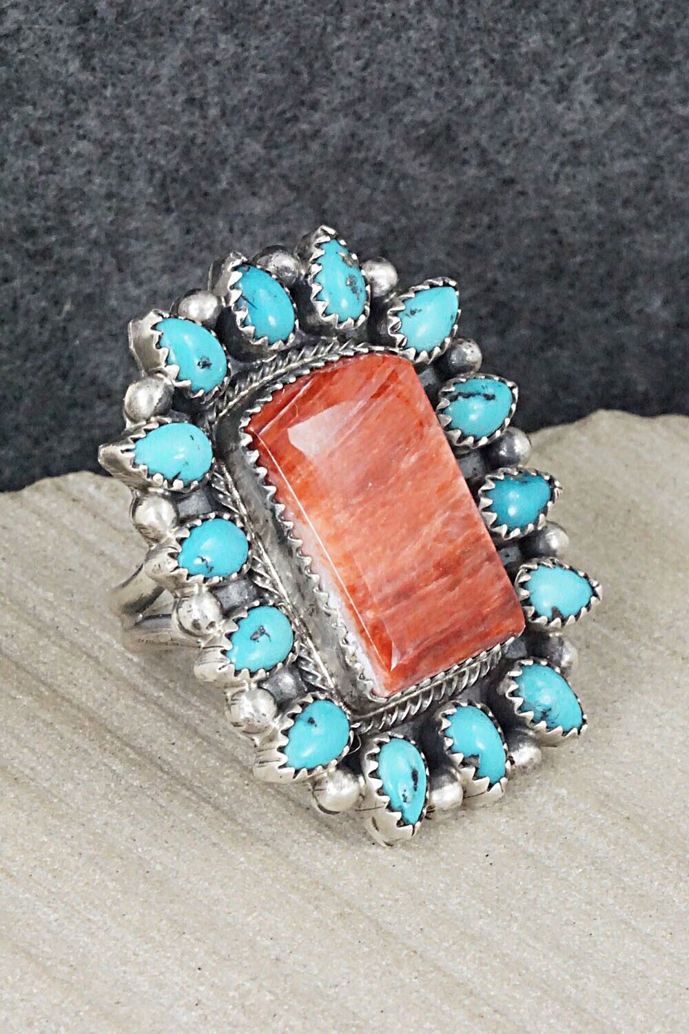 Turquoise, Spiny Oyster & Sterling Silver Ring - Tom Lewis - Size 8.5