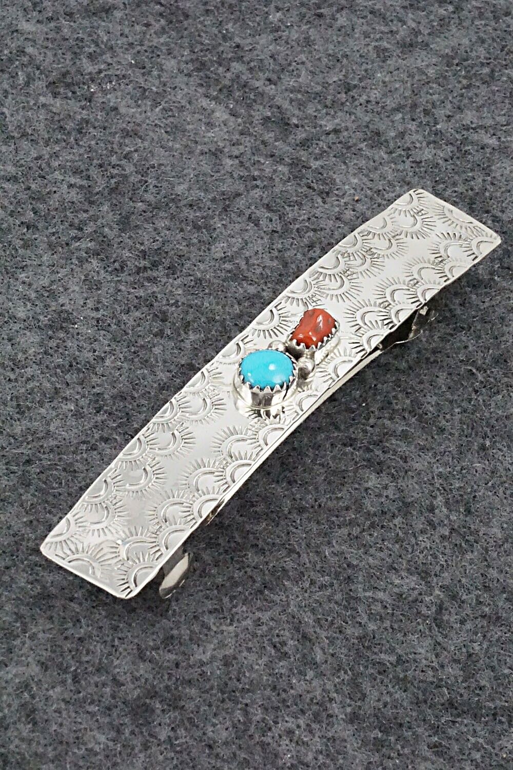 Turquoise, Coral & Sterling Silver Hair Barrette - Sally Arviso