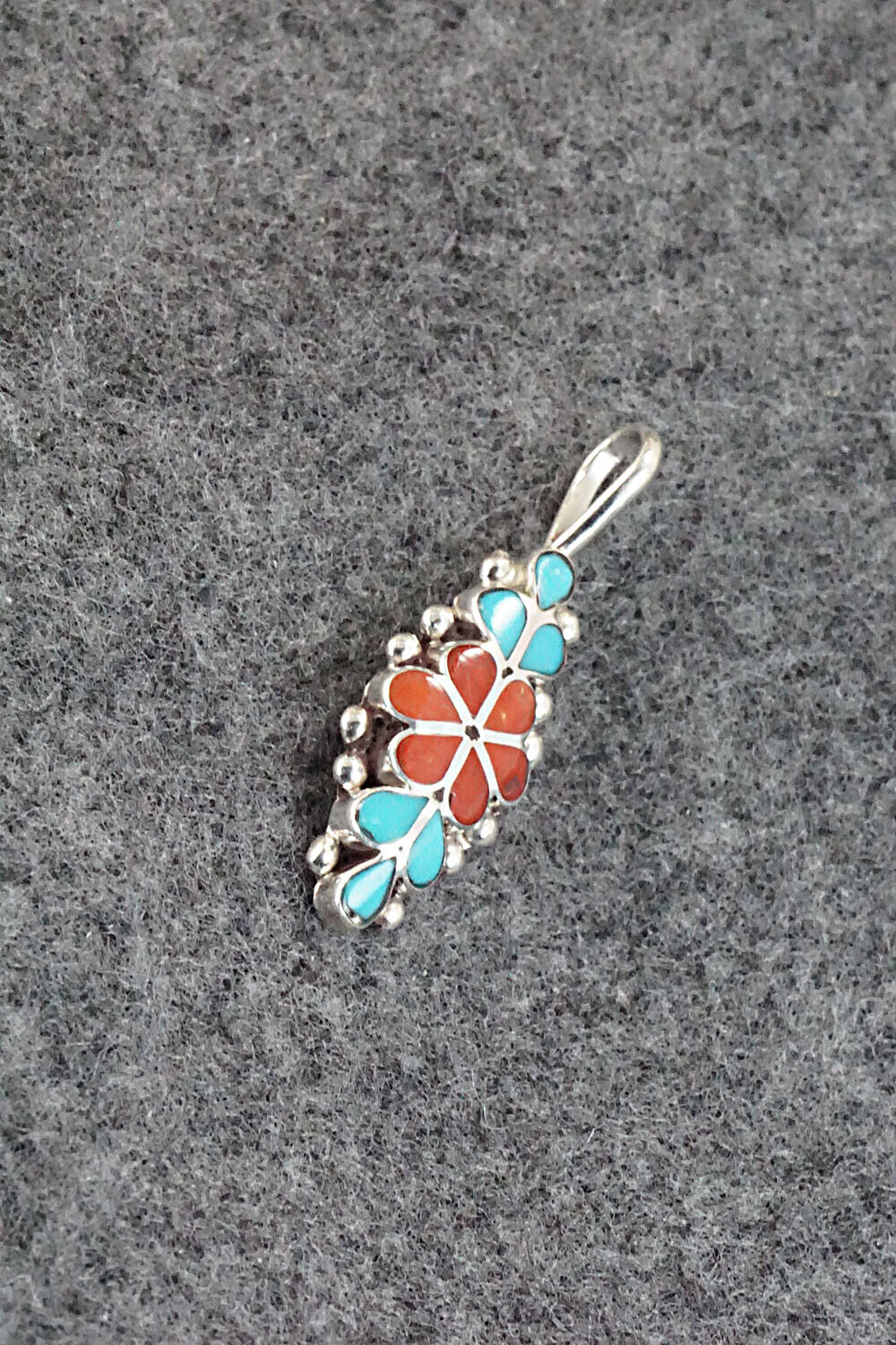 Turquoise, Coral & Sterling Silver Inlay Pendant - Bernadette Hattie