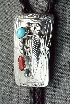 Turquoise, Coral & Sterling Silver Bolo Tie - Wilbur Myers