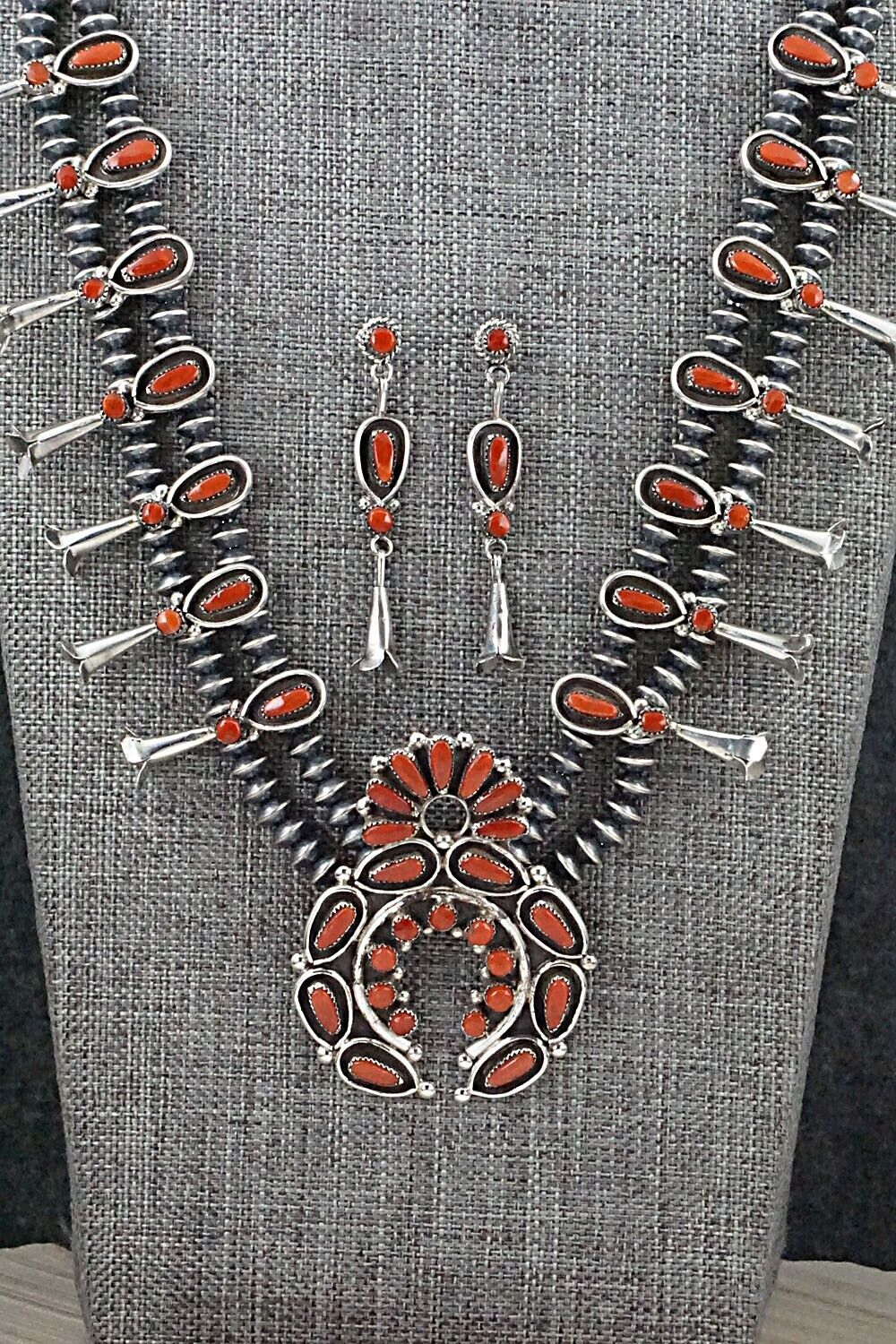 Coral & Sterling Silver Squash Blossom and Earrings - Vie Bobelu