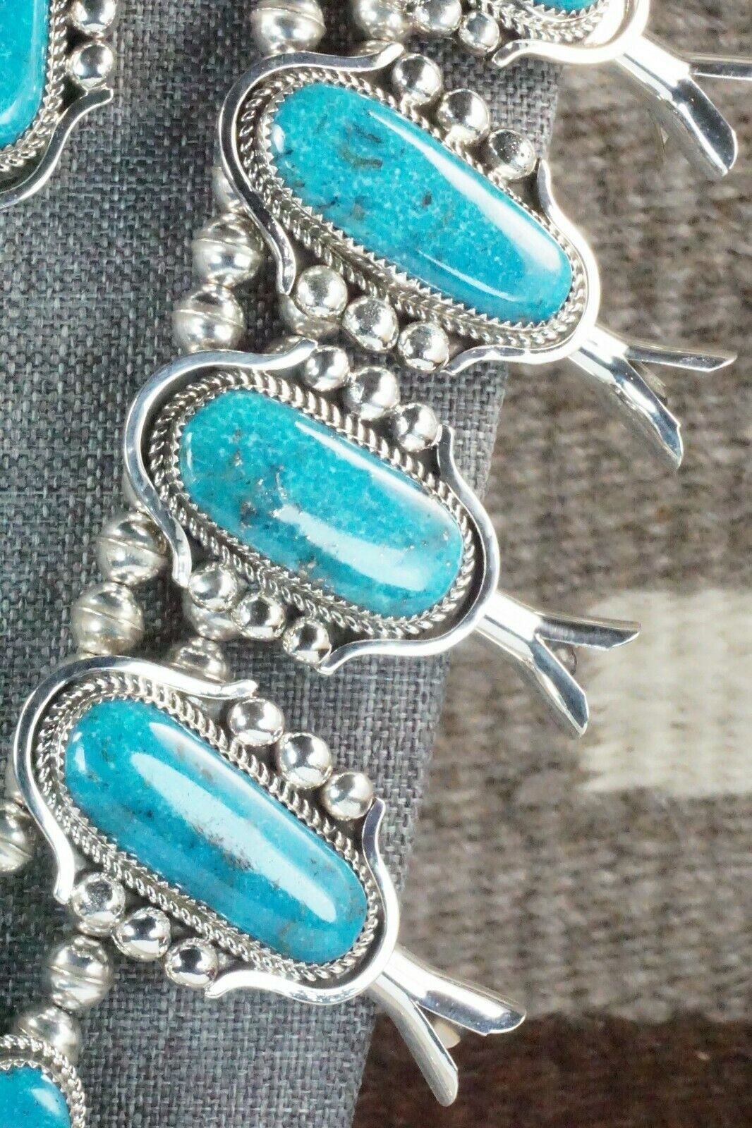 Turquoise & Sterling Silver Squash Blossom Necklace and Earrings - Leslie Nez