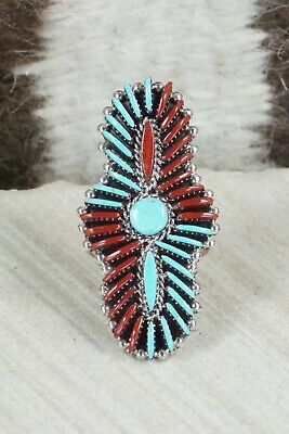 Turquoise, Coral & Sterling Silver Ring - Edmund Cooeyate - Size 7.25
