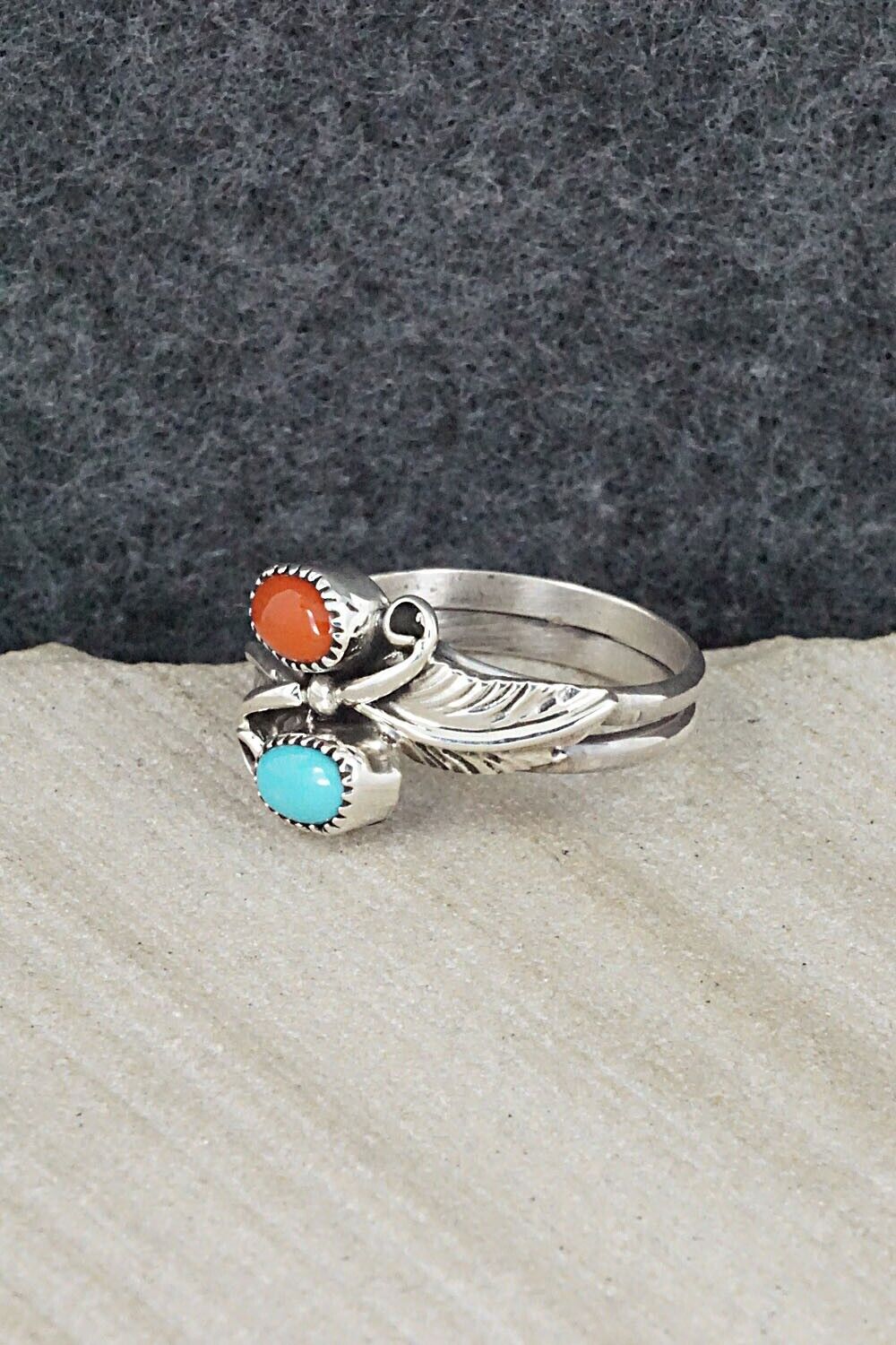Turquoise, Coral & Sterling Silver Ring - Harry Yazzie - Size 8.25