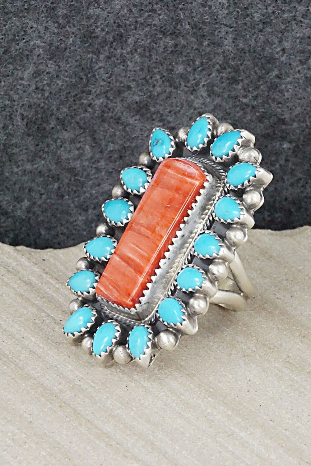 Turquoise, Spiny Oyster & Sterling Silver Ring - Tom Lewis - Size 7.25