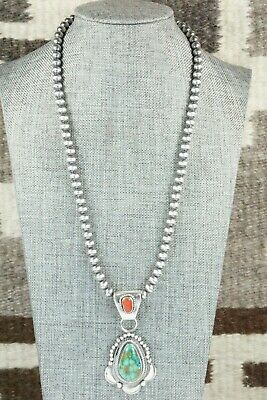Turquoise, Coral Pendant & Sterling Silver Necklace - Tom Lewis