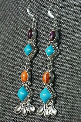Turquoise & Spiny Oyster Sterling Silver Earrings - Native American - Navajo - High Lonesome Trading