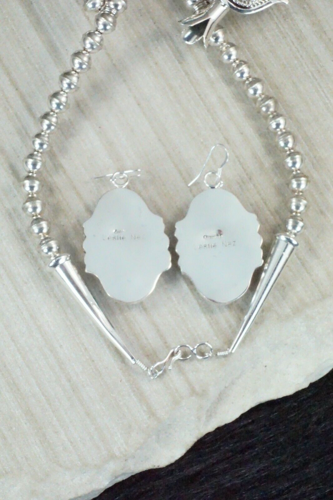 Turquoise & Sterling Silver Squash Blossom Necklace and Earrings - Leslie Nez
