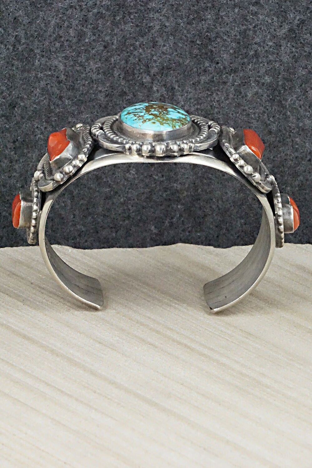 Turquoise, Coral and Sterling Silver Bracelet - Tom Lewis