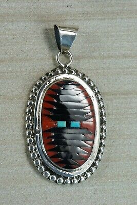 Zuni Inlay Coral & Sterling Silver Pendant - Charlotte Dishta