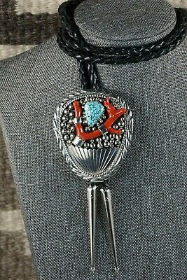 Navajo Turquoise, Coral & Sterling Silver Bolo Tie - Mary Spencer - High Lonesome Trading