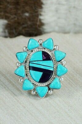 Zuni Inlay Turquoise, Jet and Sterling Silver Ring - Leslie Lamy - Size 7.75