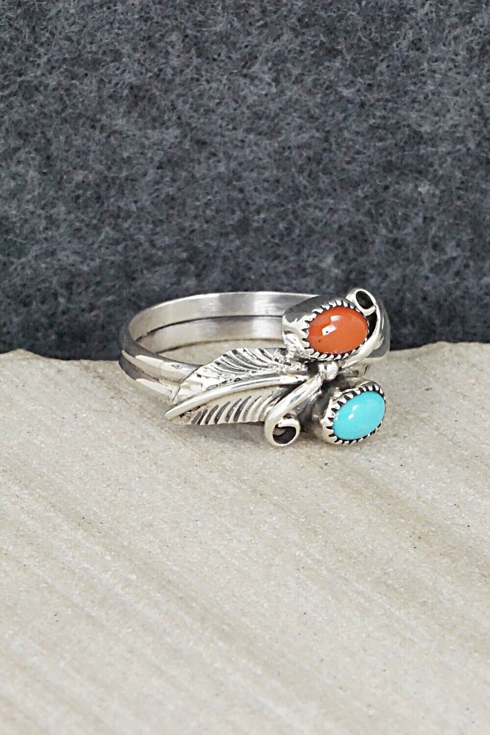 Turquoise, Coral & Sterling Silver Ring - Harry Yazzie - Size 8.25