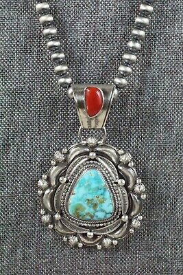 Turquoise, Coral Pendant & Sterling Silver Necklace - Tom Lewis