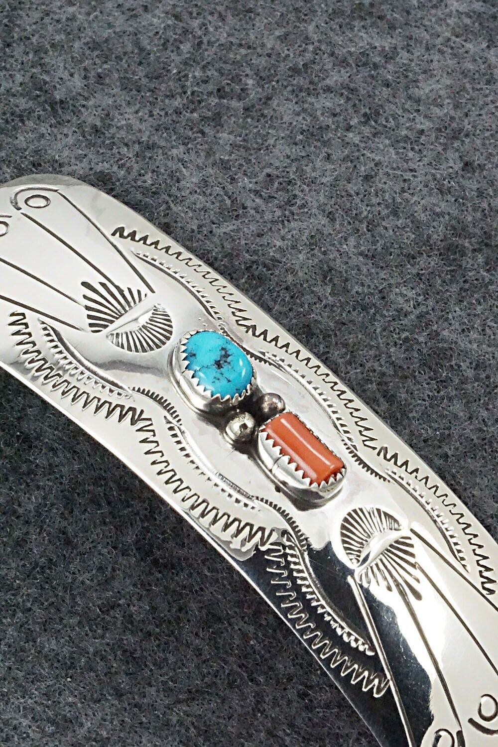Turquoise, Coral & Sterling Silver Hair Barrette - Joann Silver