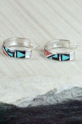 Multi Stone Inlay & Sterling Silver Hoop Earrings - Delberta Boone - High Lonesome Trading
